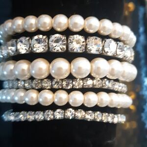 New 6 PC Elegant Faux Pearl and Crystal Bracelet Set